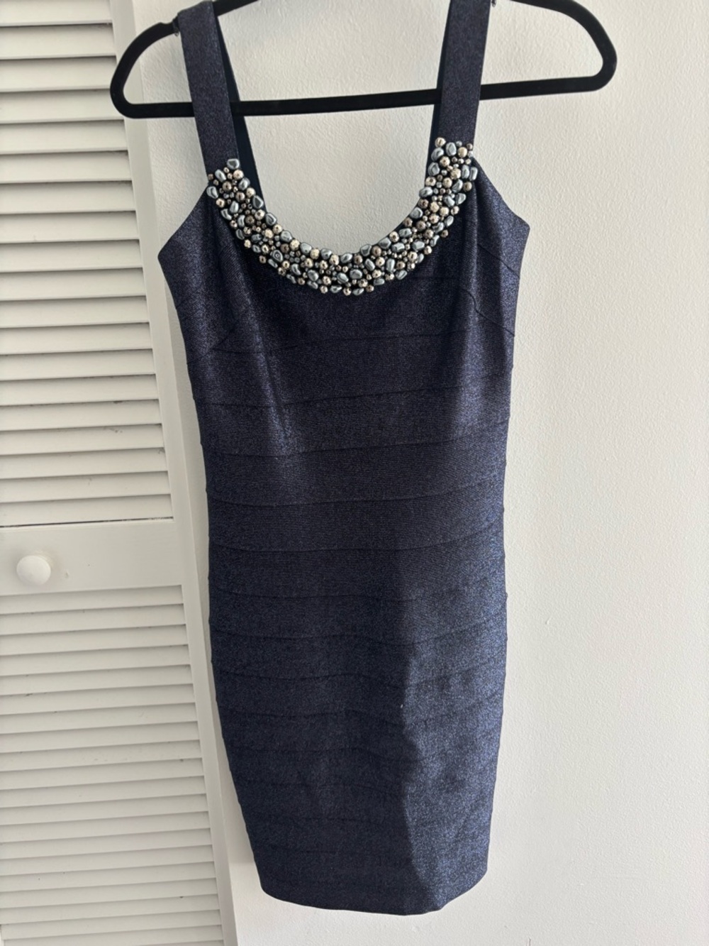 Carmen Marc Valvo Navy/silver Beaded Sheath Bandage Dress